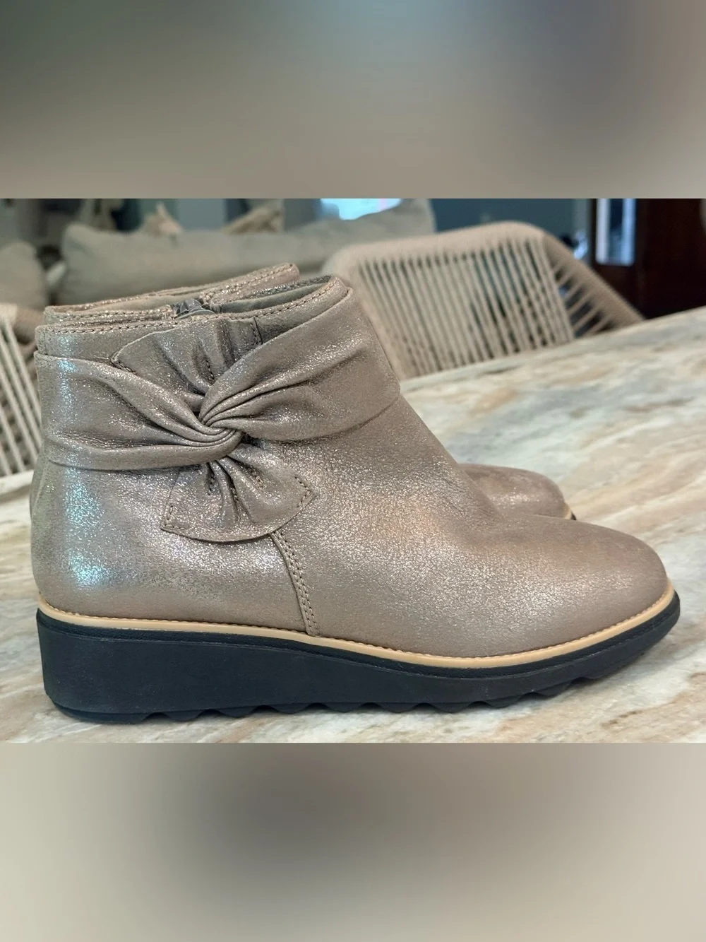 Women’s CLARKS Collection pewter leather metallic wedge ankle boots- Size 7